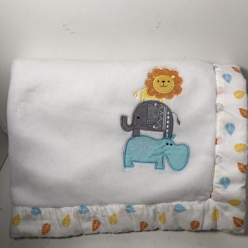 Toys R Us Plush Koala Baby Blanket Elephant Lion Hippo Leaves Trim Safari 27x38”